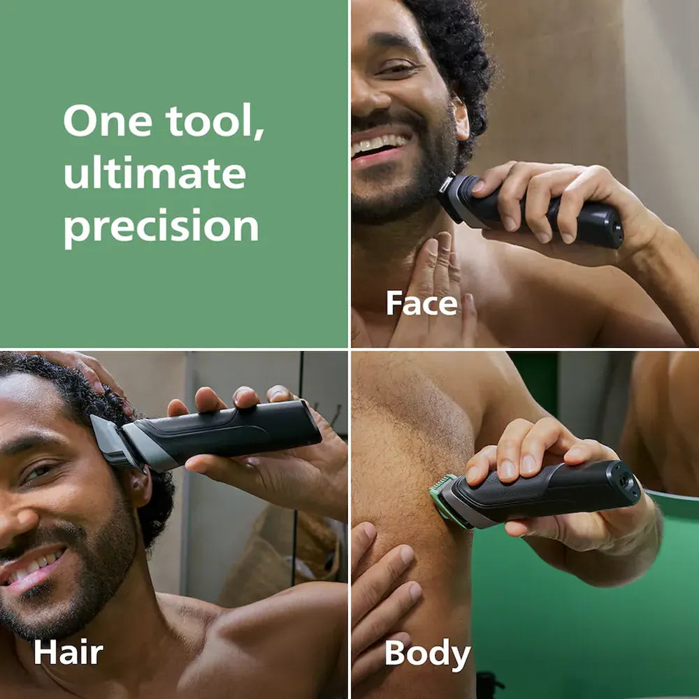 Man using a grooming tool on face, hair, and body with text 'One tool, ultimate precision'.