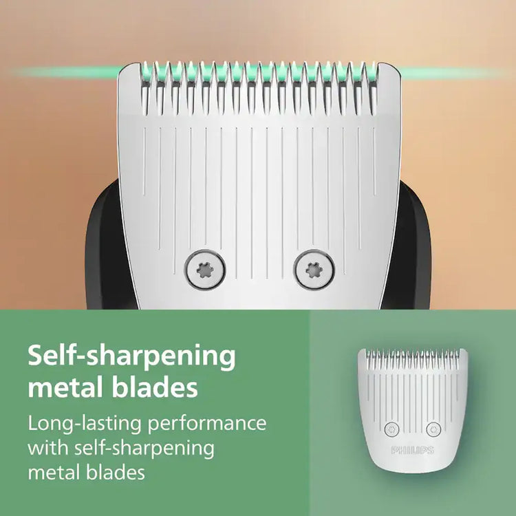 Philips hair trimmer with self-sharpening metal blades on a beige and green background