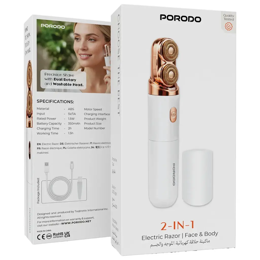Porodo 2-In-1 Electric Face & Body Razor - White
