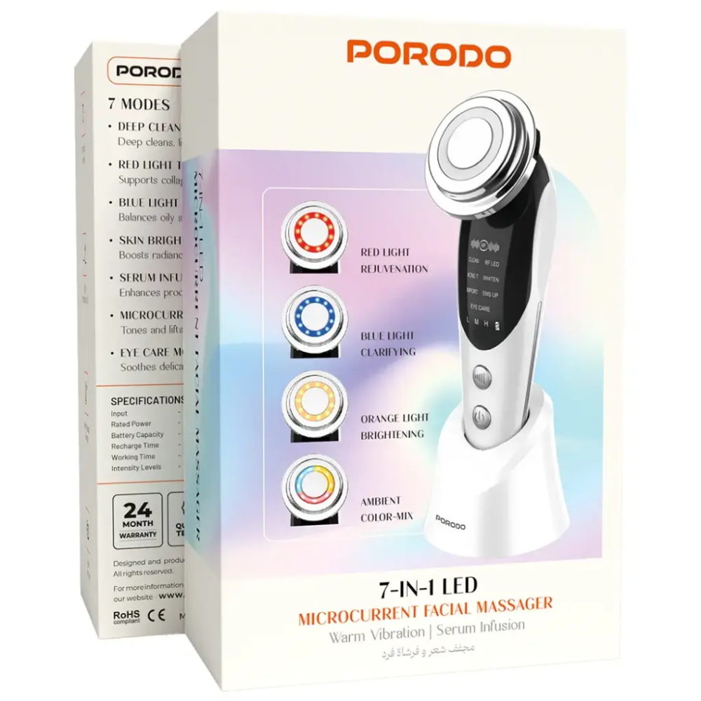 Porodo 7 in 1 Massager, includes eye care, LED light therapy, support collagen, reduce acne, and improve absorption,650mAh battery