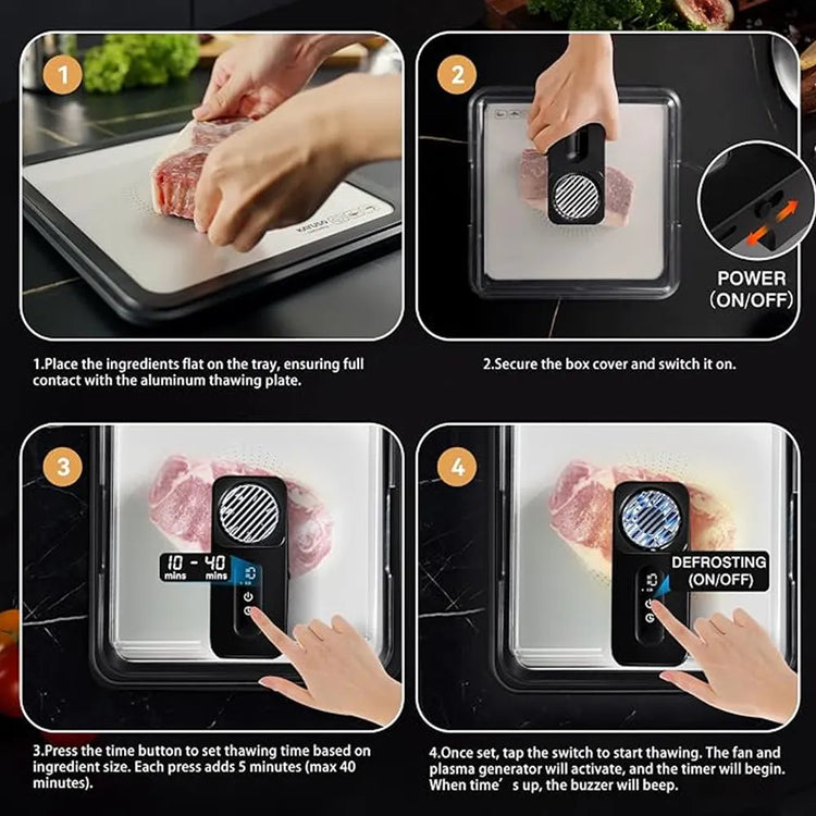 Four-panel instructional graphic showing how to use an electric meat thawer. Step 1 shows hands placing raw meat on the aluminum thawing plate.