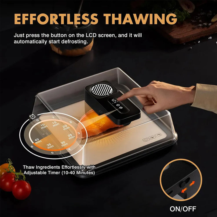 A countertop electric ice bath/thawing tray shown in use with a hand pressing a button on its black digital controller. The clear plastic tray holds an orange item over a metallic heating base, with marketing text and inset callouts explaining touch control and timer adjustment.