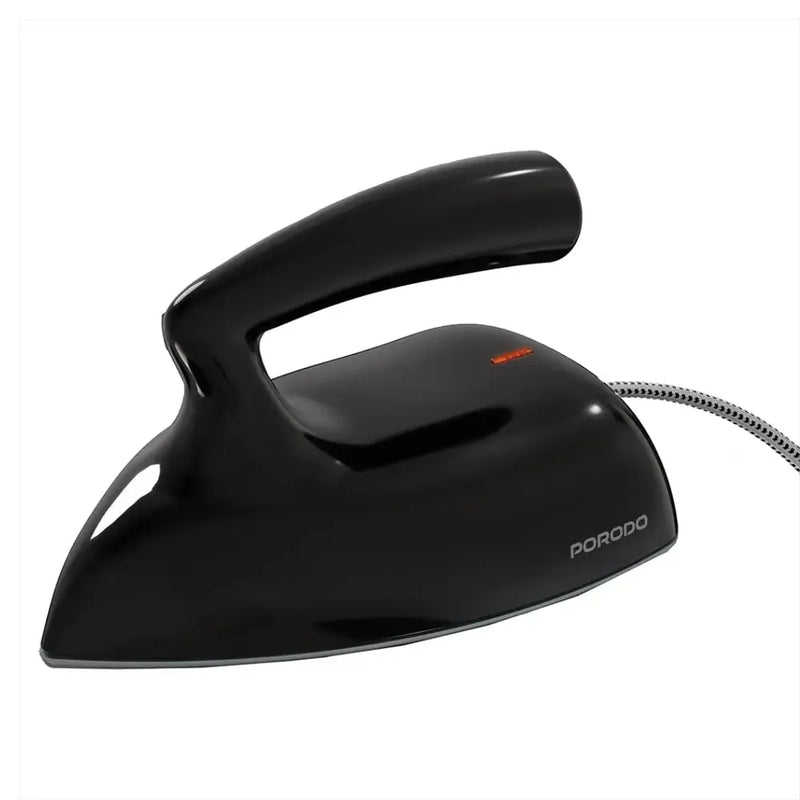 Black Porodo Ironix portable mini iron with curved handle, indicator light and braided power cord