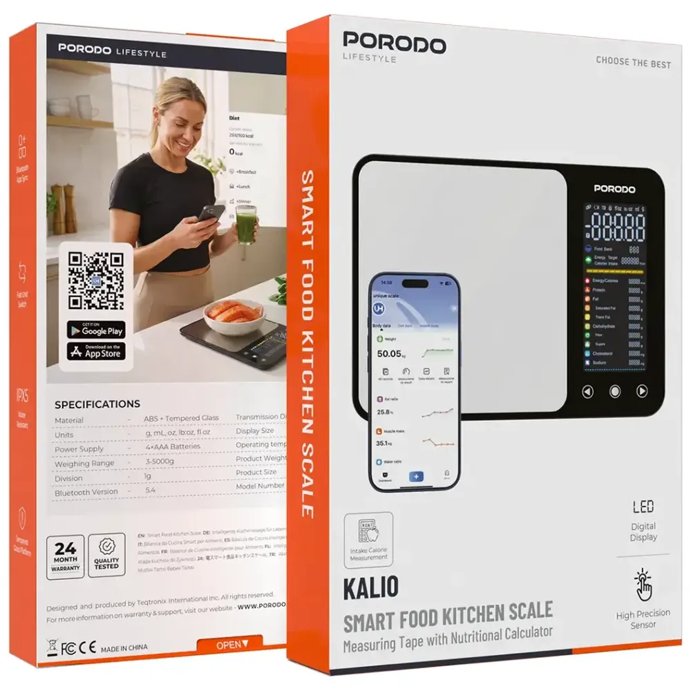 Porodo Lifestyle Kalio Smart Food Kitchen Scale Measuring Tape with Nutritional Calculator - Silver