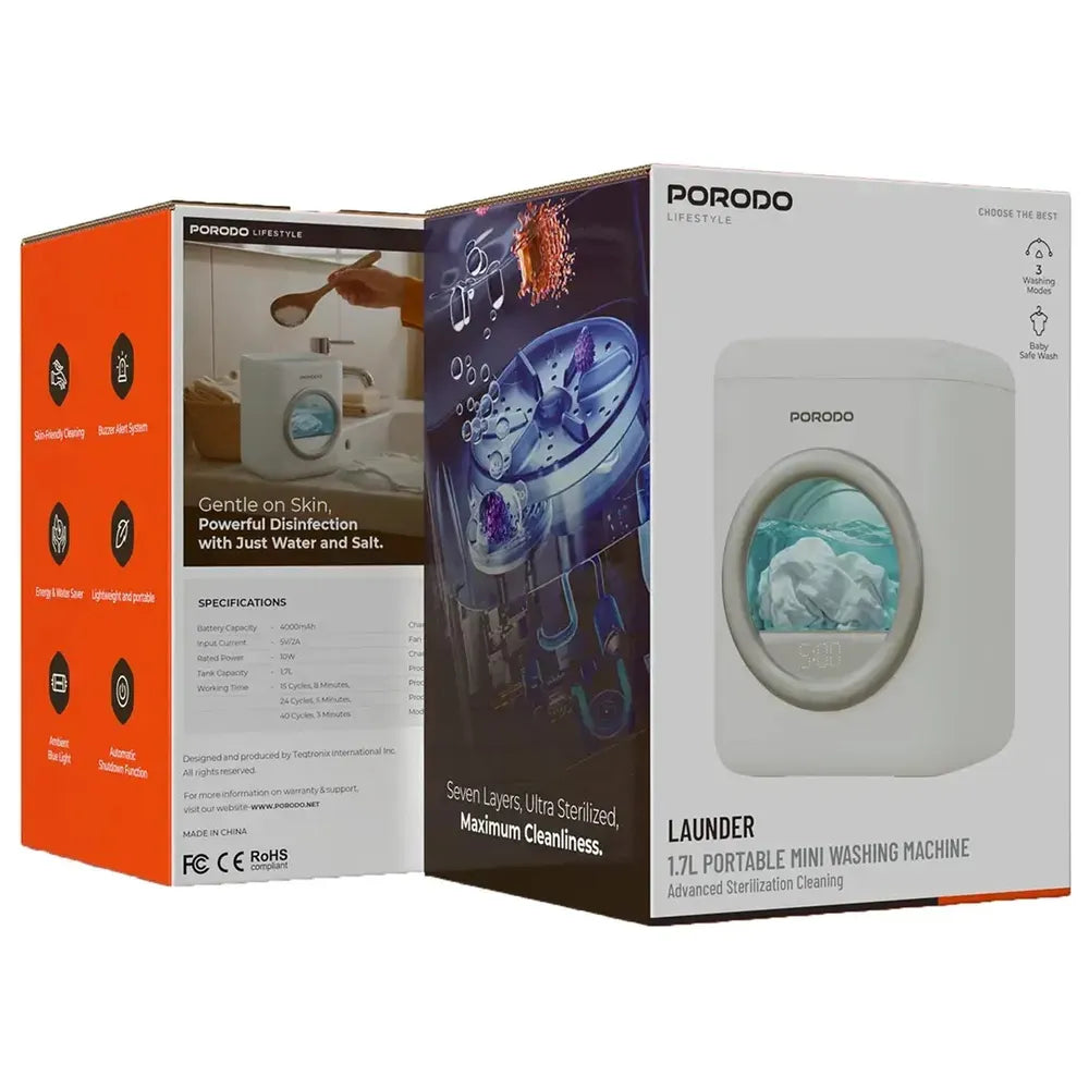 Porodo Lifestyle Launder 1.7L Portable Mini Washing Machine with Advanced Sterilization Cleaning - White