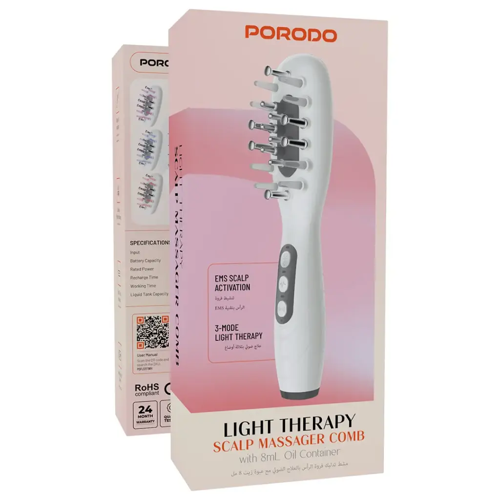 Porodo Light Therapy Scalp Massager Comb with 8mL Oil Container - White