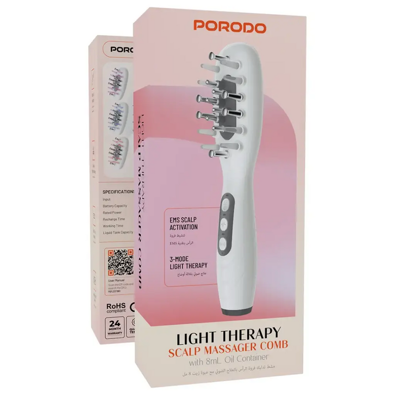 Porodo Light Therapy Scalp Massager Comb with 8mL Oil Container - White-3