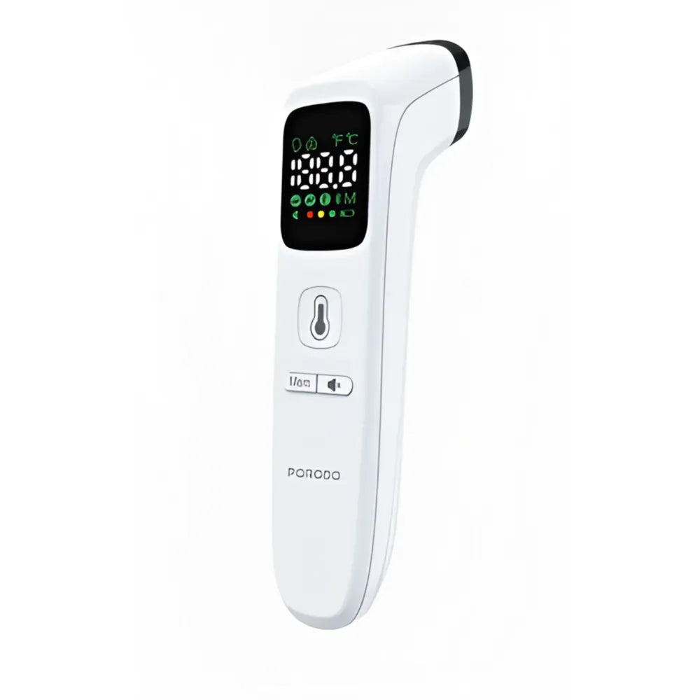 A white handheld digital infrared thermometer with a black display screen showing green temperature readings, featuring the brand name PORODO printed near the bottom.