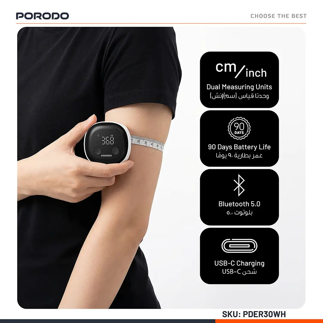 Porodo Metrice Smart Body Tape Measure with Bluetooth White