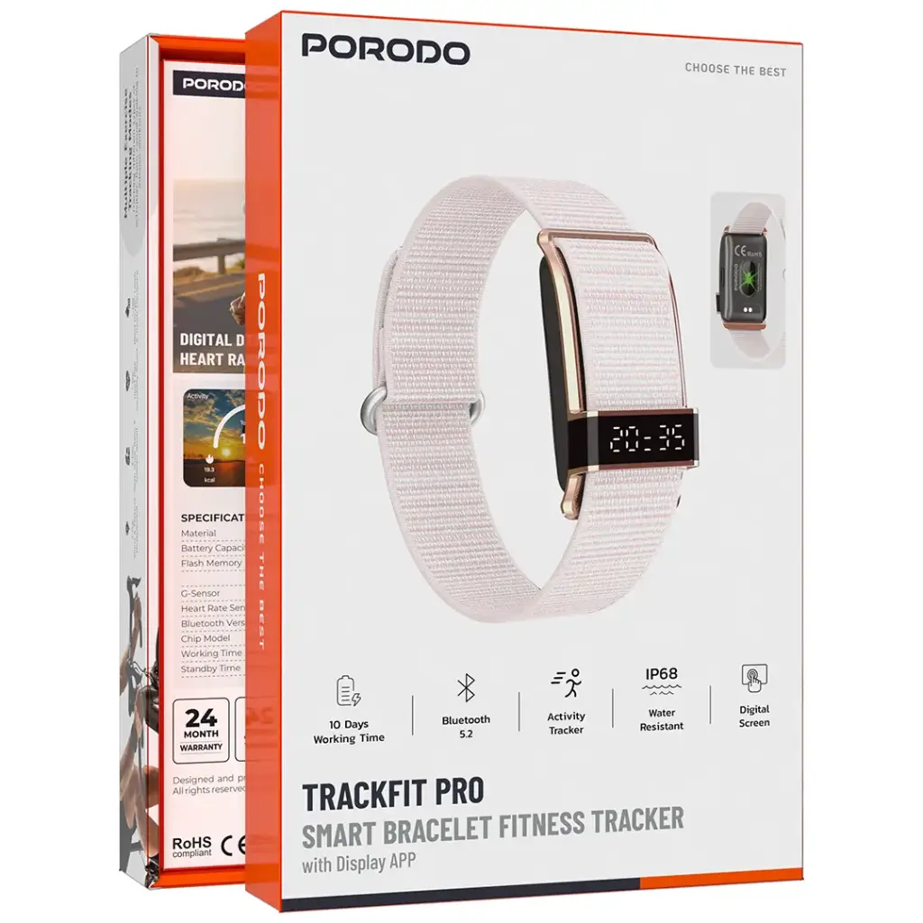 Porodo Track fit Pro Smart Bracelet Fitness Tracker with Display App - Pink