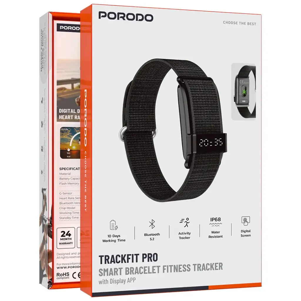 Porodo Track fit Pro Smart Bracelet Fitness Tracker with Display App - Black