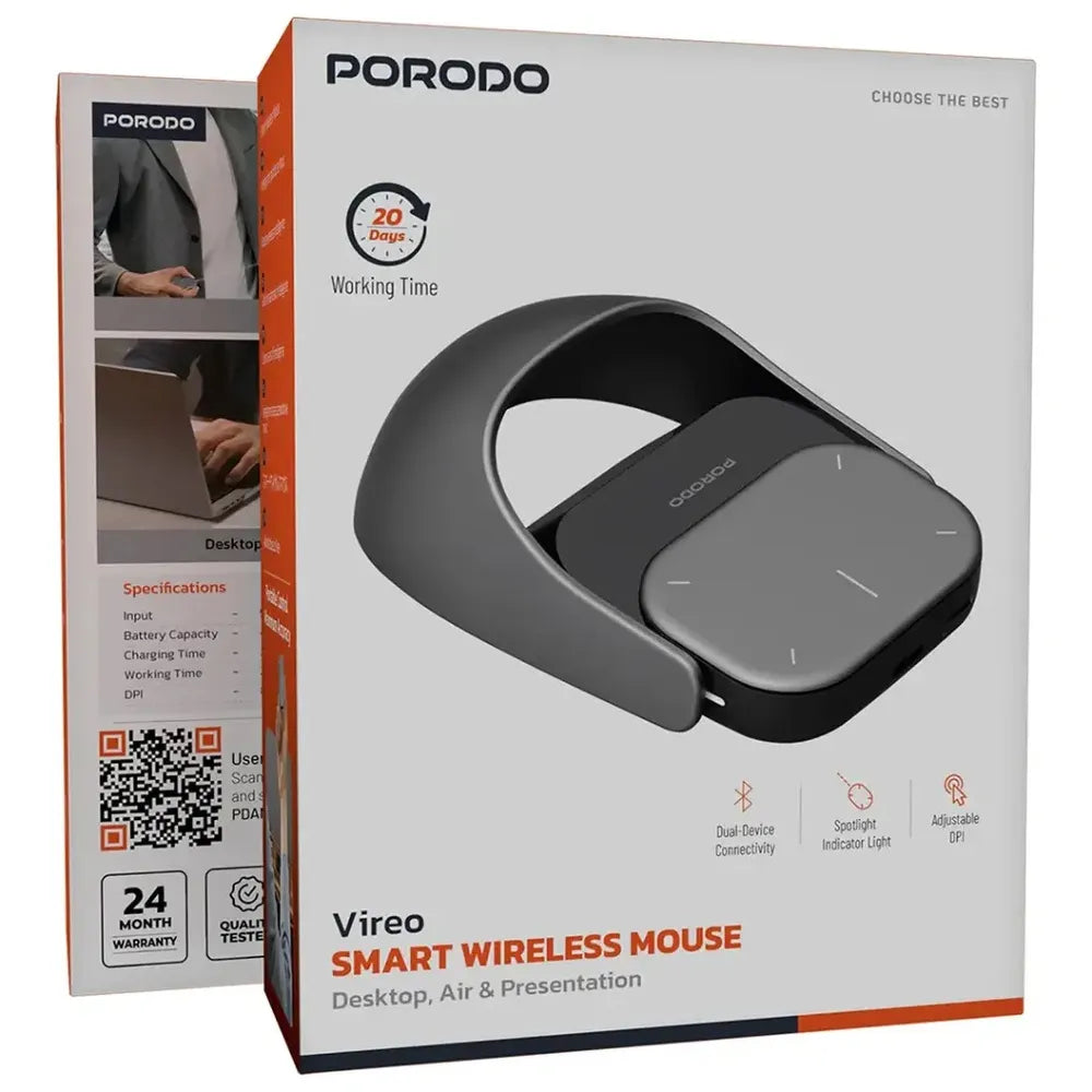 ماوس هوائي قابل للفصل من Porodo Vireo، لوحة لمس لاسلكية، DPI قابل للتعديل، بلوتوث، مؤشر ليزر، عمر بطارية طويل