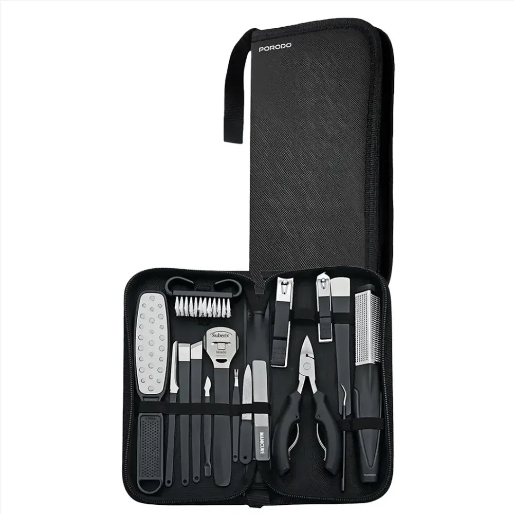 A 12-piece pedicure and nail care set in a black zippered carrying case, shown open against a white background. The set includes black and silver tools such as a nail grinder, cuticle knife, nail file, nail clipper, and brush.