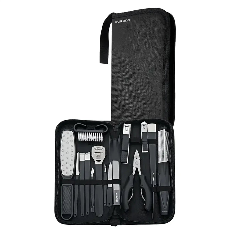 A 12-piece pedicure and nail care set in a black zippered carrying case, shown open against a white background. The set includes black and silver tools such as a nail grinder, cuticle knife, nail file, nail clipper, and brush.