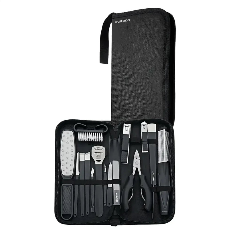A 12-piece pedicure and nail care set in a black zippered carrying case, shown open against a white background. The set includes black and silver tools such as a nail grinder, cuticle knife, nail file, nail clipper, and brush.
