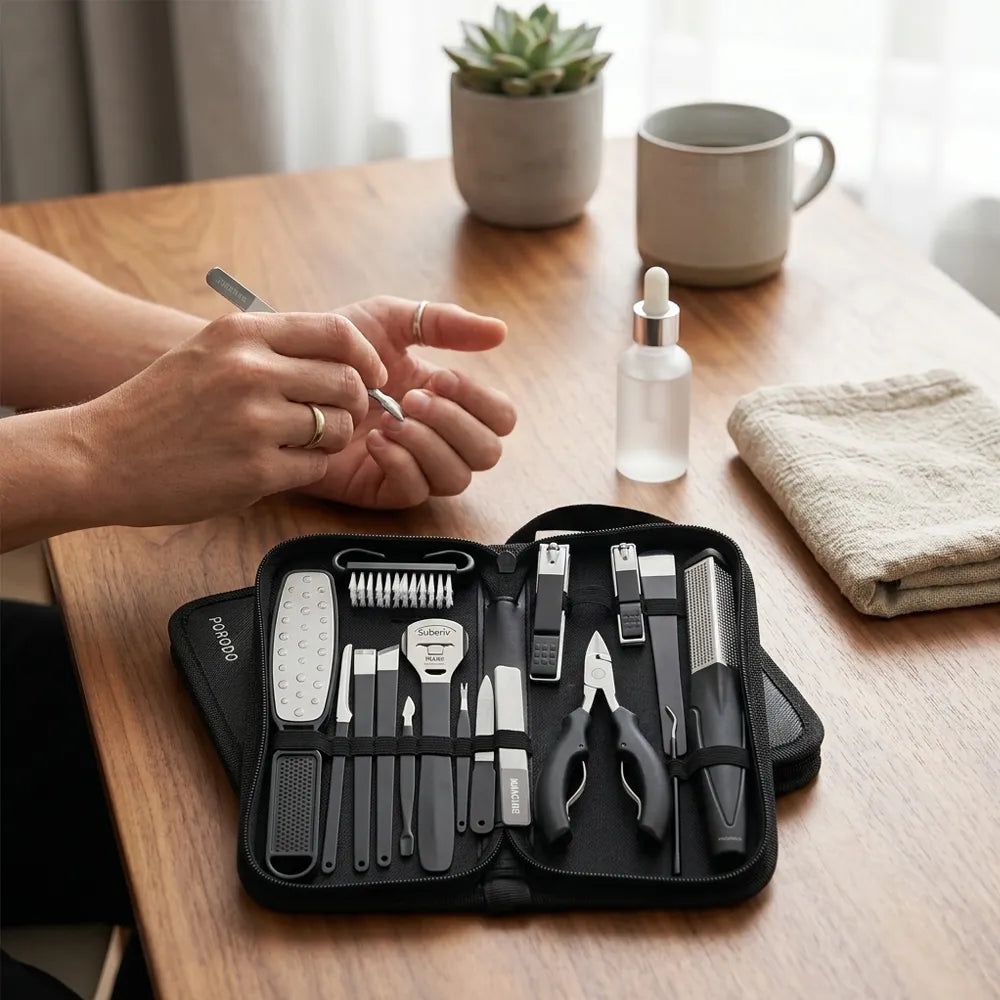 A black nail care tool set in an open zip case on a wooden table, with a person's hands holding a small nail tool nearby. A small bottle, folded towel, and potted succulent are also visible in the scene.