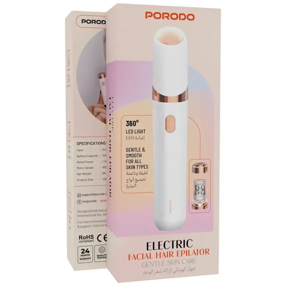 Porodo Electric Facial Hair Epilator remove facial hair, making it ideal for sensitive skin & built in LED light