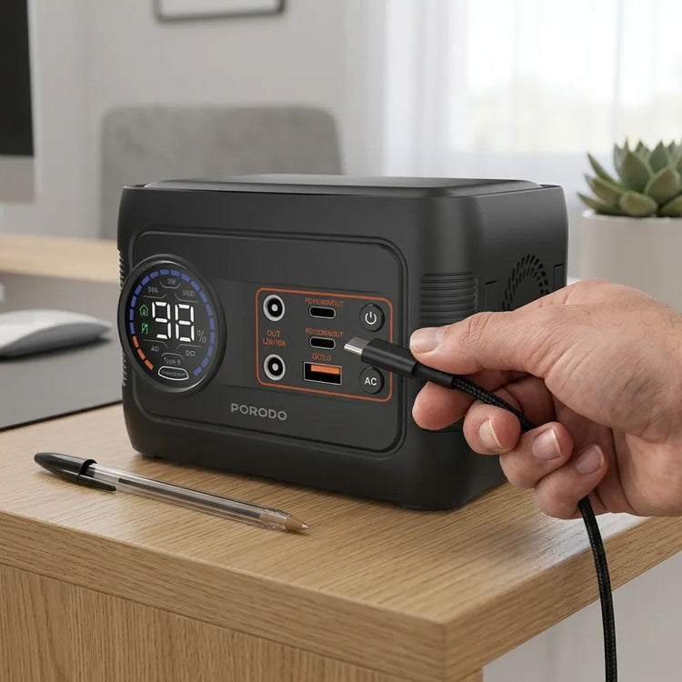 A portable power station with a digital display screen and multiple charging ports, shown on a wooden desk with a hand plugging in a cable. The brand name 'PORODO' is visible on the front.