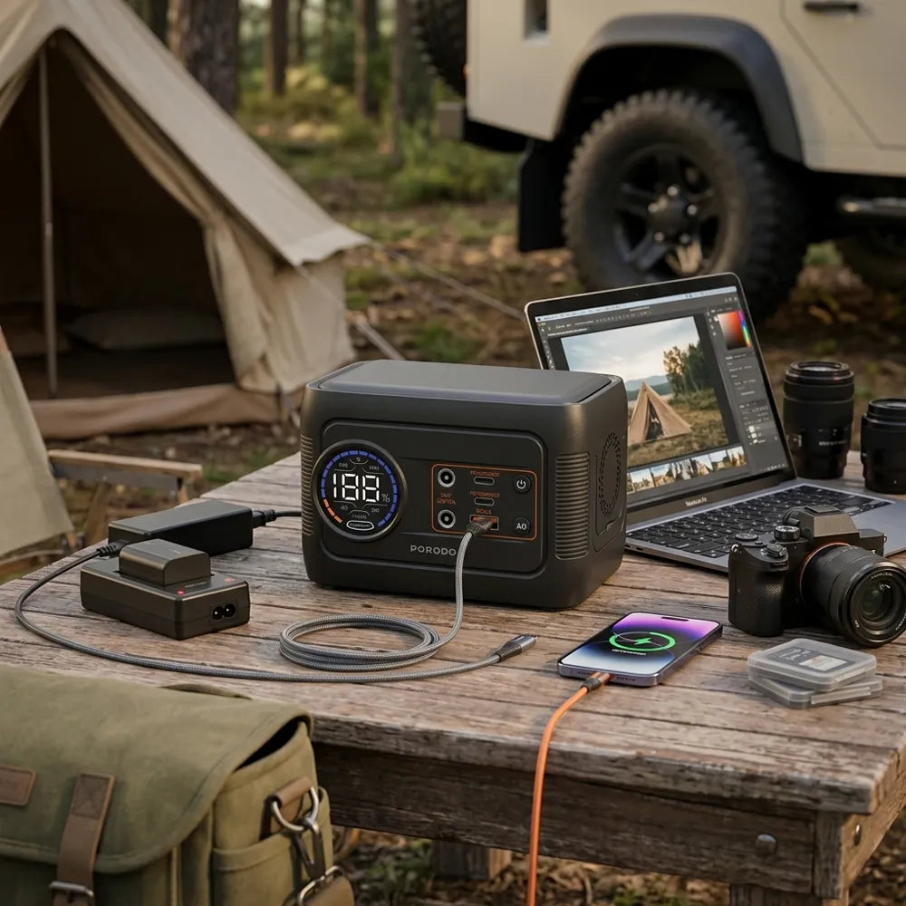 A portable power station sits on a wooden table in an outdoor camping setup, charging a smartphone, laptop, and camera. A tent, trees, and part of an off-road vehicle are visible in the background, making this a Lifestyle image.
