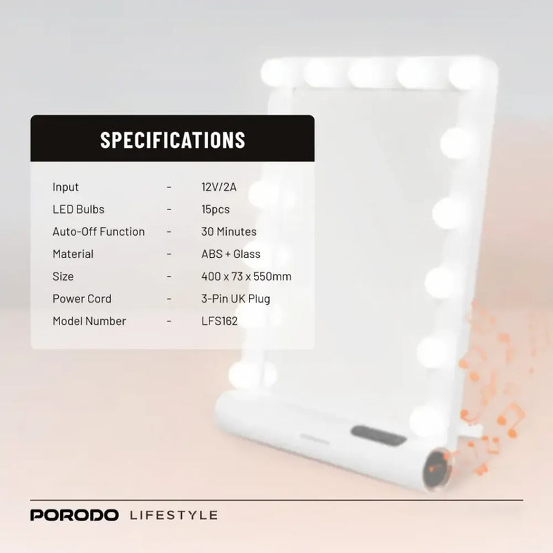 Porodo Lifestyle Hollywood Vanity Lighted Mirror 15 LED Bulbs Bluetooth V5.0 White & Rose Gold-2
