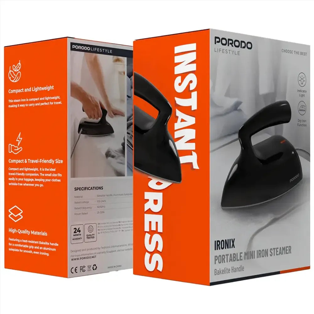 Front and back views of the orange and white Porodo Ironix portable mini iron retail packaging.