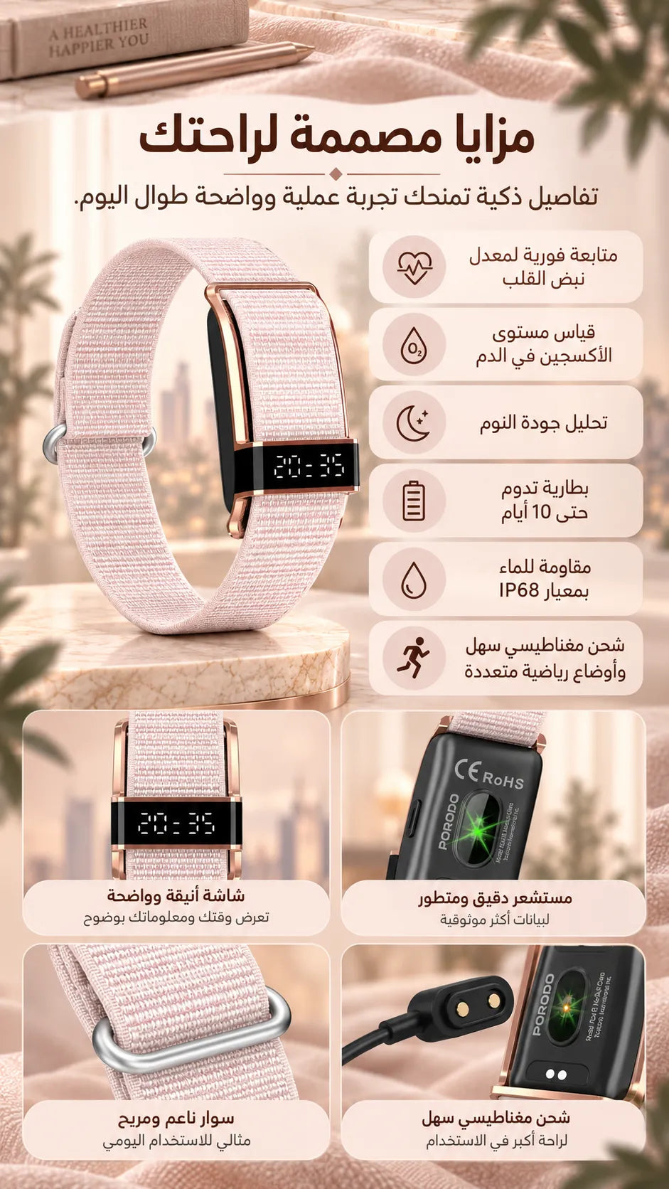 Porodo Track fit Pro Smart Bracelet Fitness Tracker - Display App - Pink