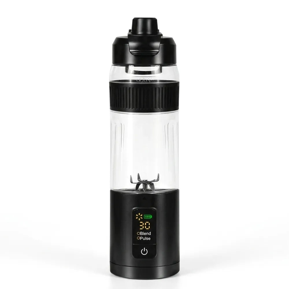 A portable electric blender bottle with a clear plastic body, black lid, and black base featuring a digital display screen.