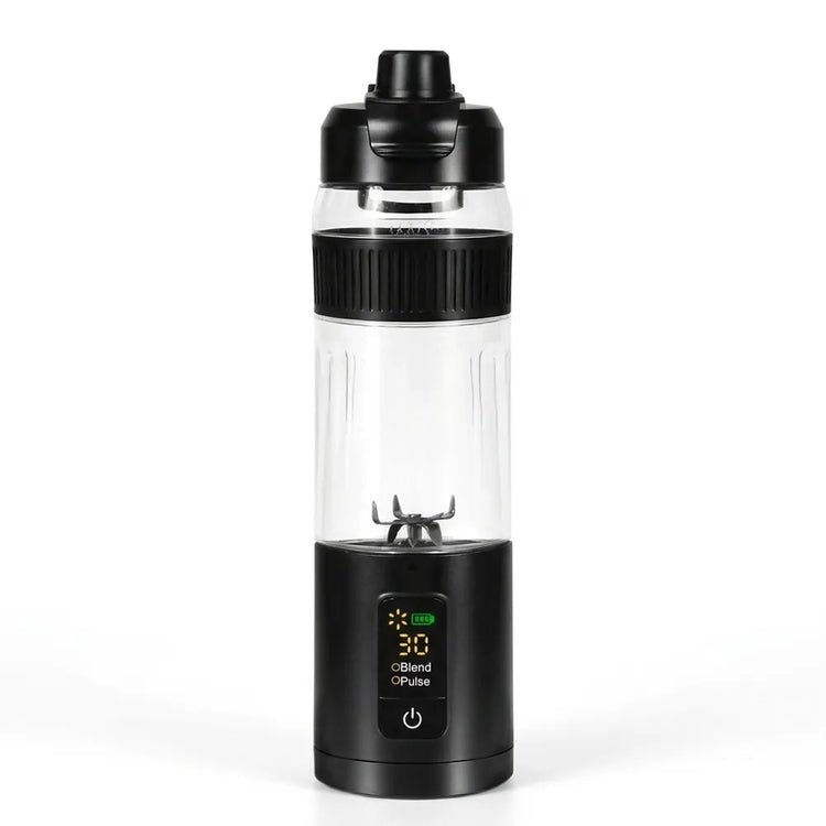 A portable electric blender bottle with a clear plastic body, black lid, and black base featuring a digital display screen.