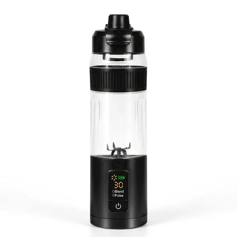 A portable electric blender bottle with a clear plastic body, black lid, and black base featuring a digital display screen.