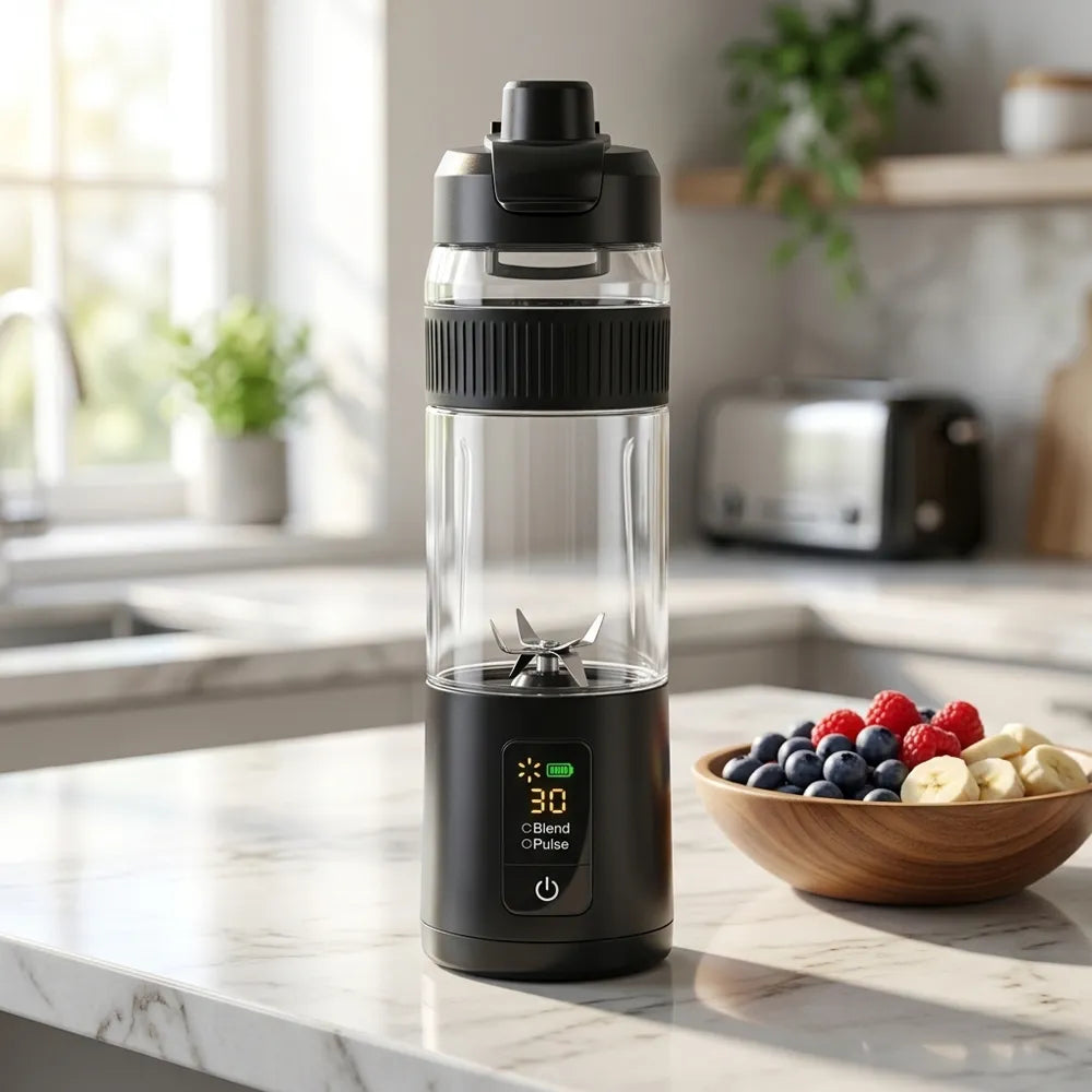 A portable electric blender bottle with a clear body, black lid, and digital display base, standing on a marble kitchen counter next to a bowl of fruit.