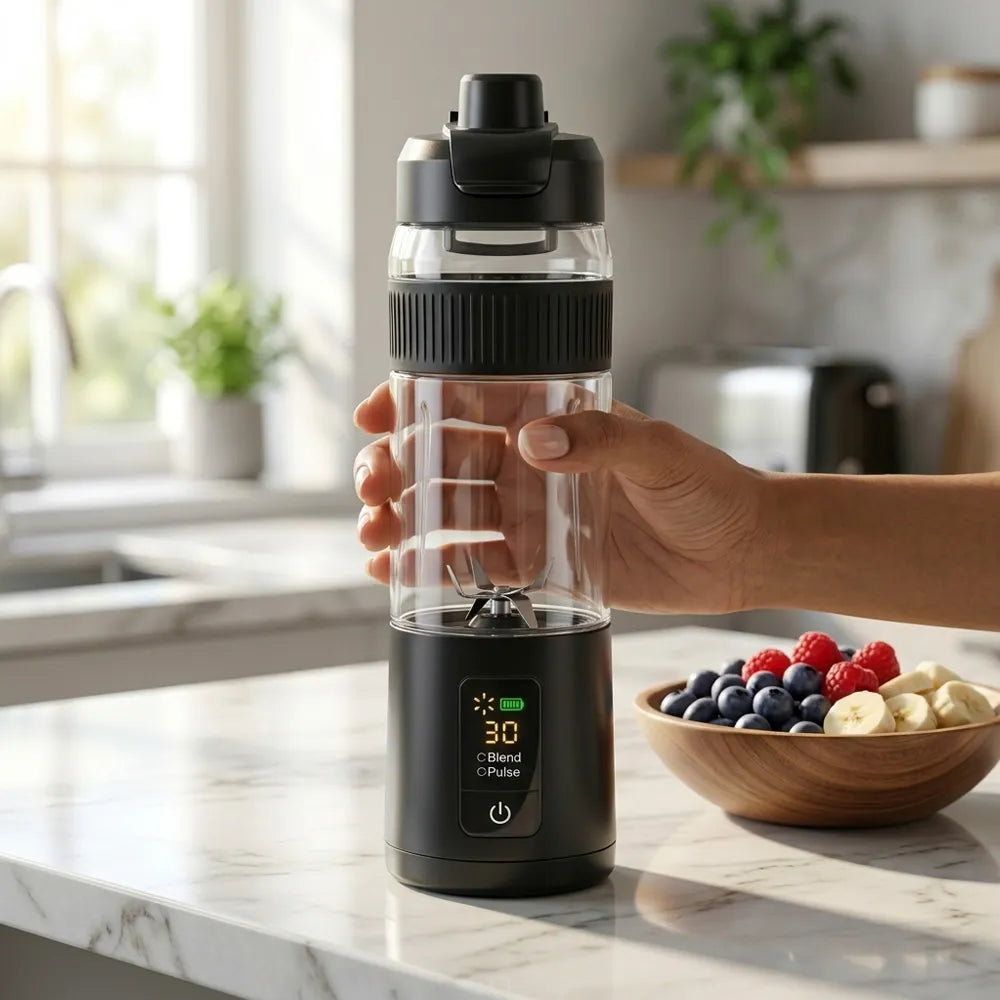 A hand holds a black and clear portable blender bottle on a marble kitchen counter, with a bowl of fruit and a softly blurred kitchen background.