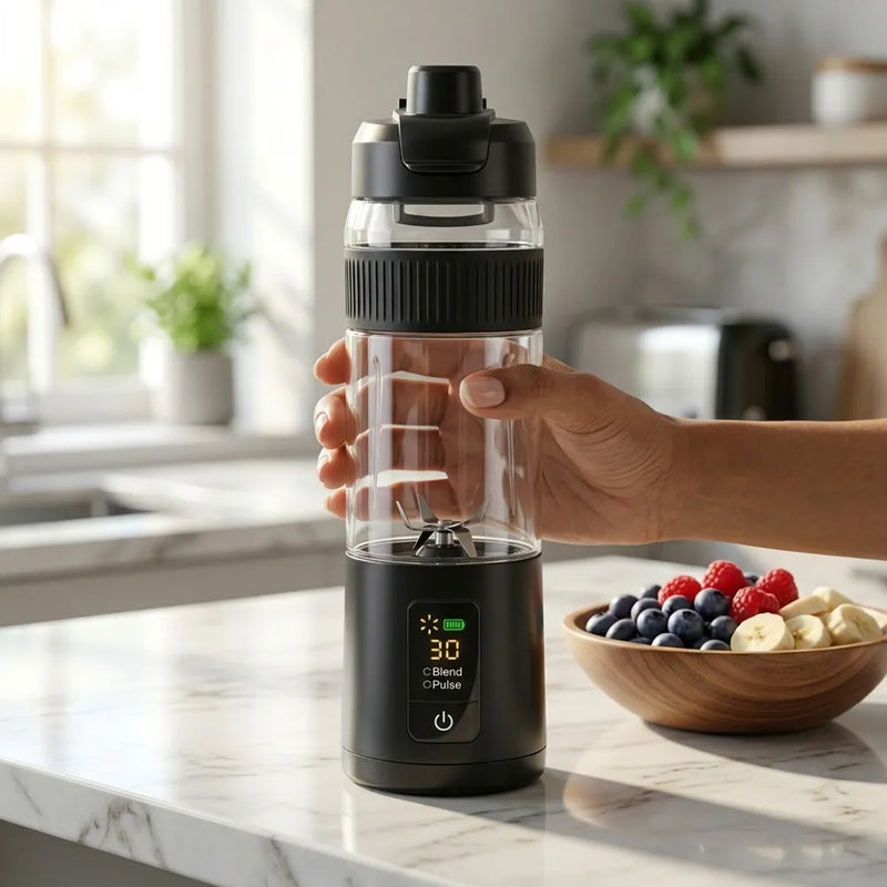A hand holds a black and clear portable blender bottle on a marble kitchen counter, with a bowl of fruit and a softly blurred kitchen background.