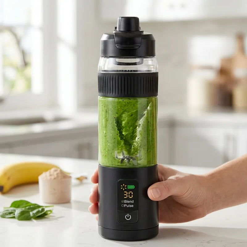 A handheld electric blender bottle with a black base and lid, filled with green smoothie, held by a hand in a bright kitchen setting.