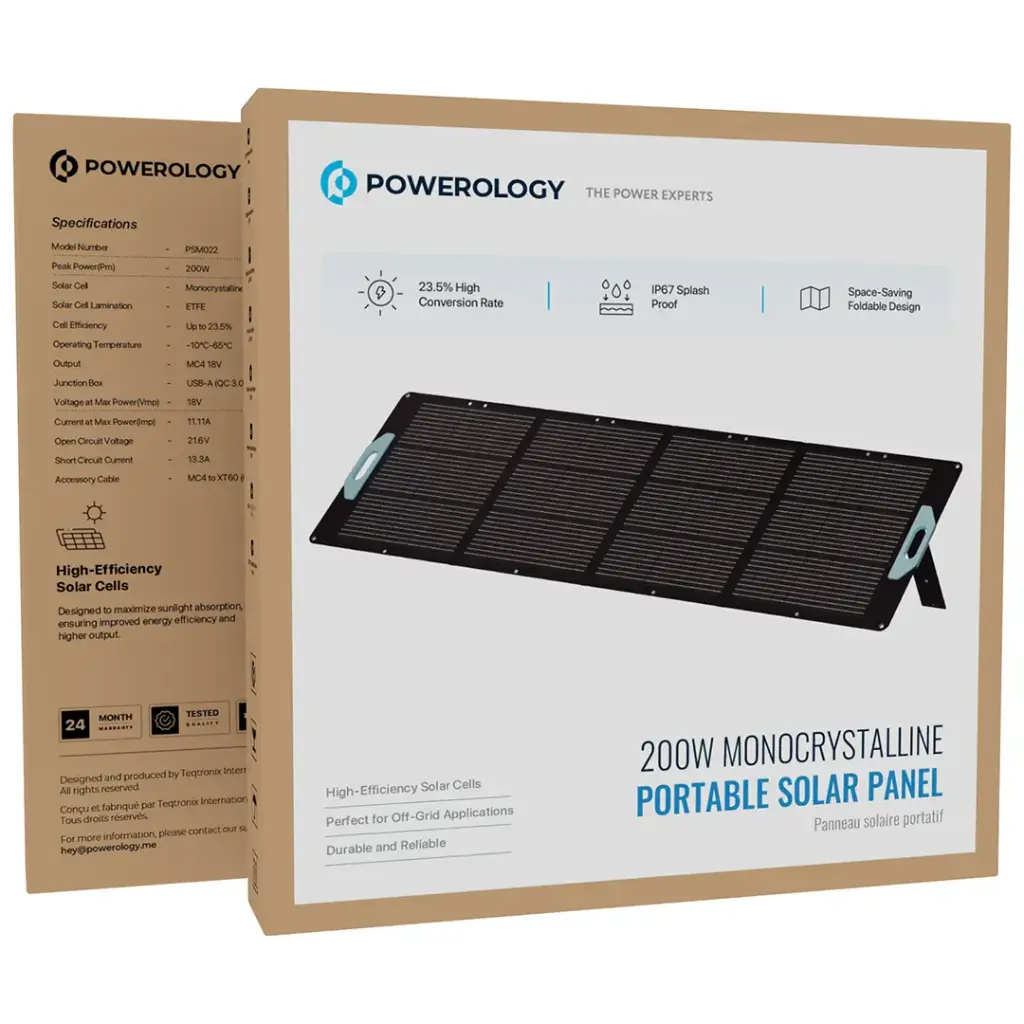 Powerology 200W Monocrystalline Portable Solar Panel - Black