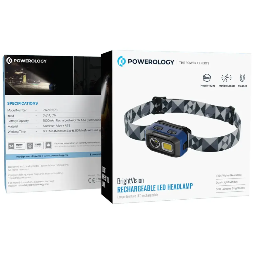 Powerology BrightVision Rechargeable LED Headlamp, 500 Lumens Brightness, Dual-Light Modes 10H Working Time, Water Resistant