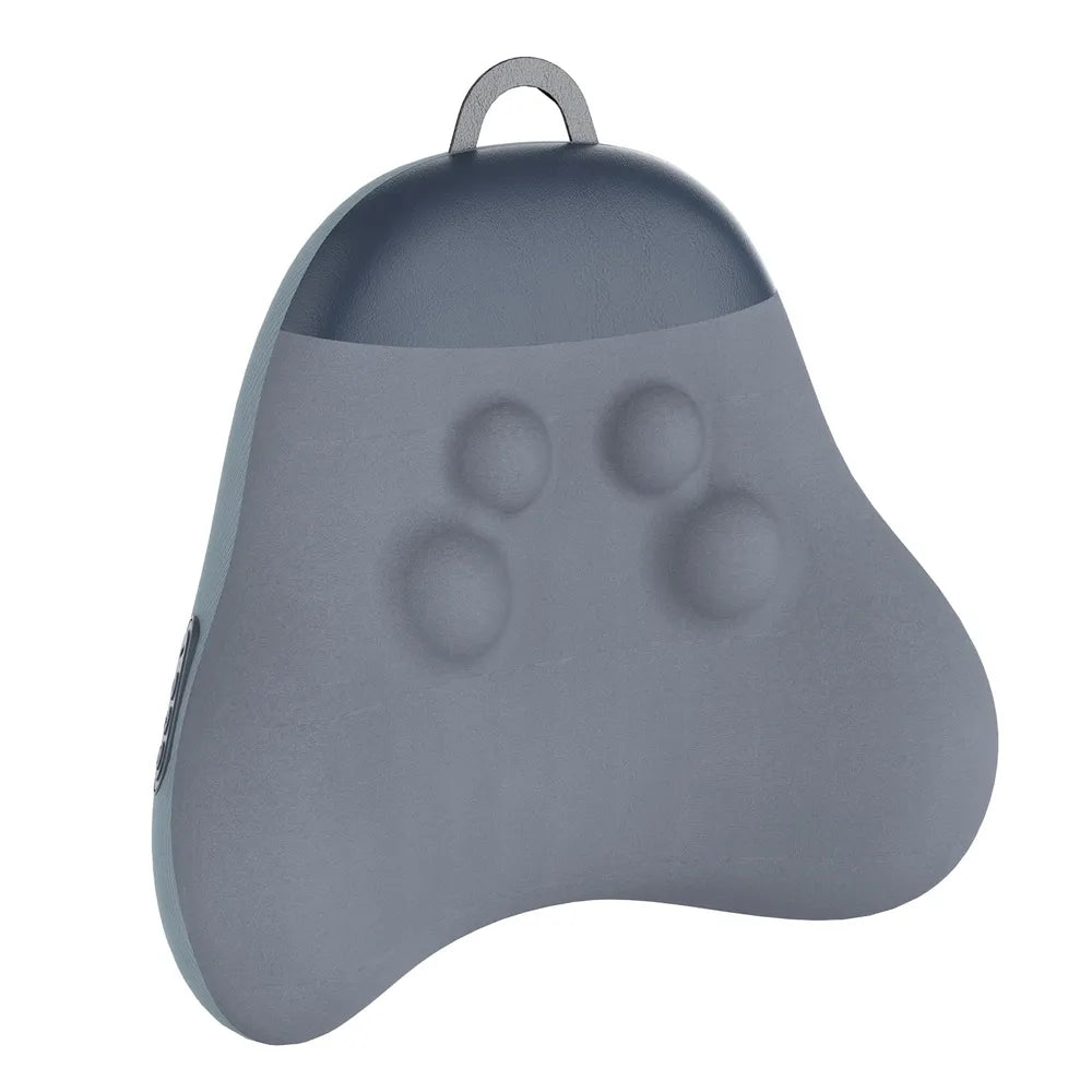 A gray ergonomic neck pillow with a hanging loop at the top, featuring four raised circular bumps on the front, shown against a plain white background.