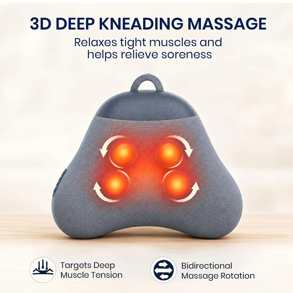 A gray fabric neck and shoulder massage pillow shown on a light wood surface with marketing text above and feature icons below. The pillow has a top handle and four glowing orange massage nodes with white circular arrows indicating movement.