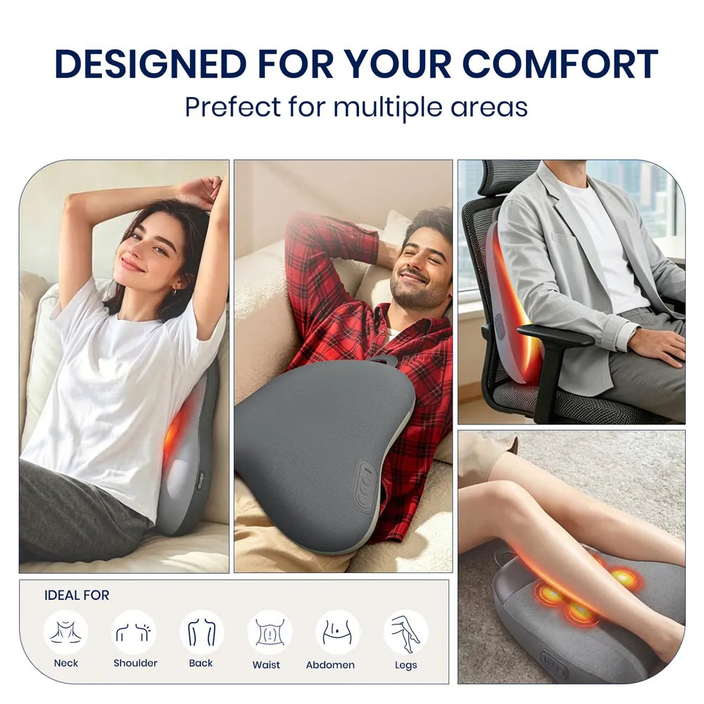 A promotional collage for a massage pillow/massager showing multiple lifestyle scenes: a woman massaging her neck and shoulder on a sofa, a man lying down using it on his back, a man sitting in an office chair with the device on his back, and legs being massaged. Text at the top reads 'DESIGNED FOR YOUR COMFORT' and 'Perfect for multiple areas.