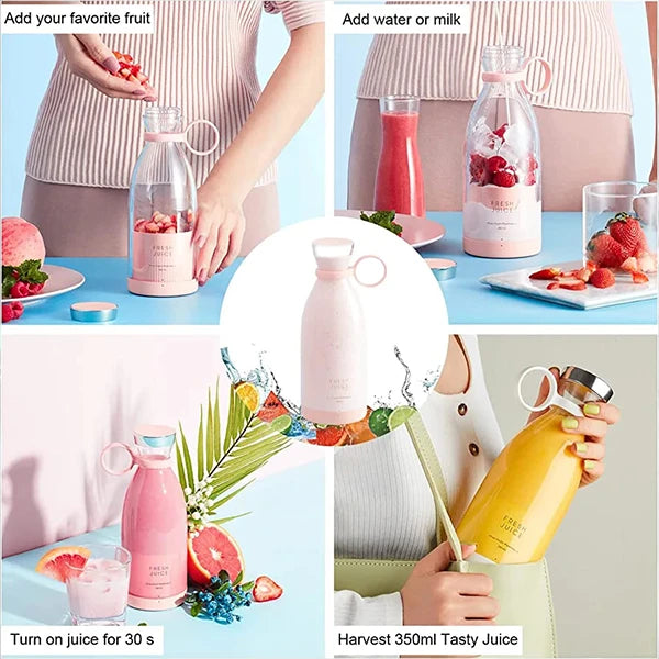 Portable 4 Blades Rechargeable Glass Blender 350ml 1400mAh Battery USB Rechargeable - Pink