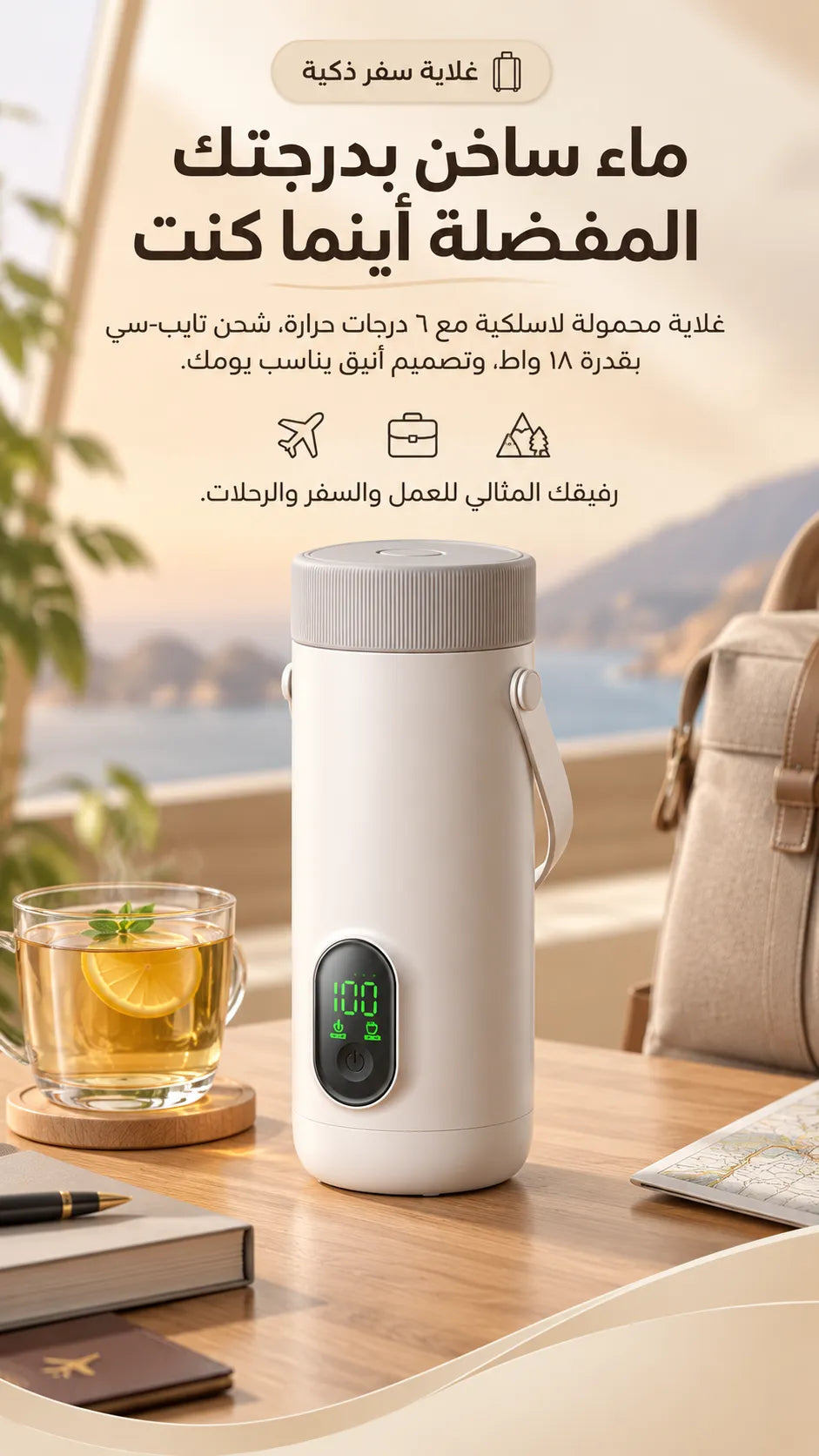 RK-3 Wireless Travel Kettle 6 Temperature Settings Type-C Rechargeable White
