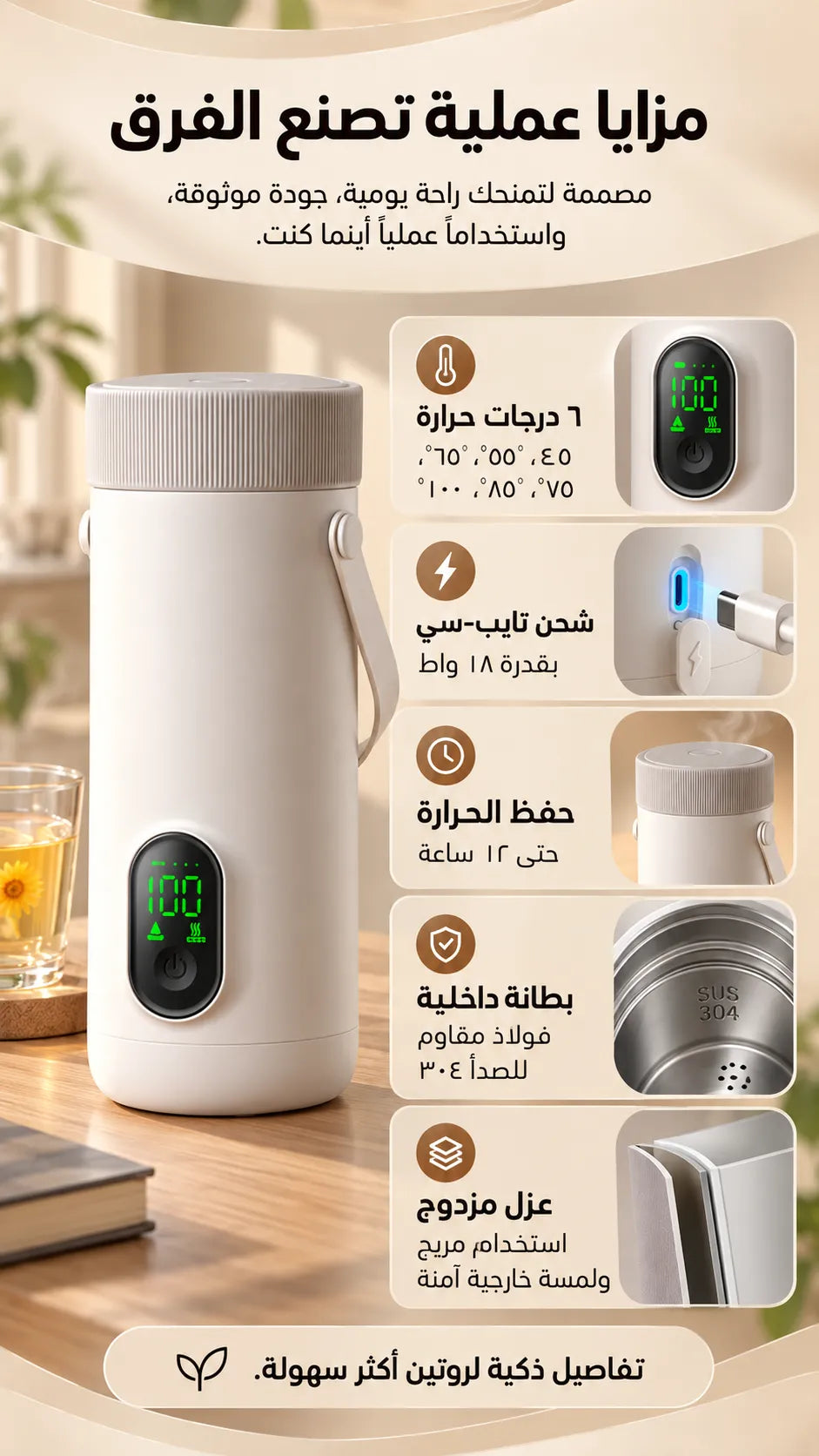 RK-3 Wireless Travel Kettle 6 Temperature Settings Type-C Rechargeable White
