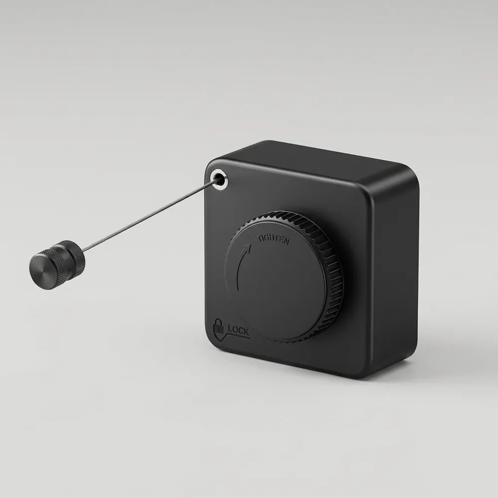 A black electronic lockout relay with a rotary switch and a thin metal pull wire, shown on a light gray background.