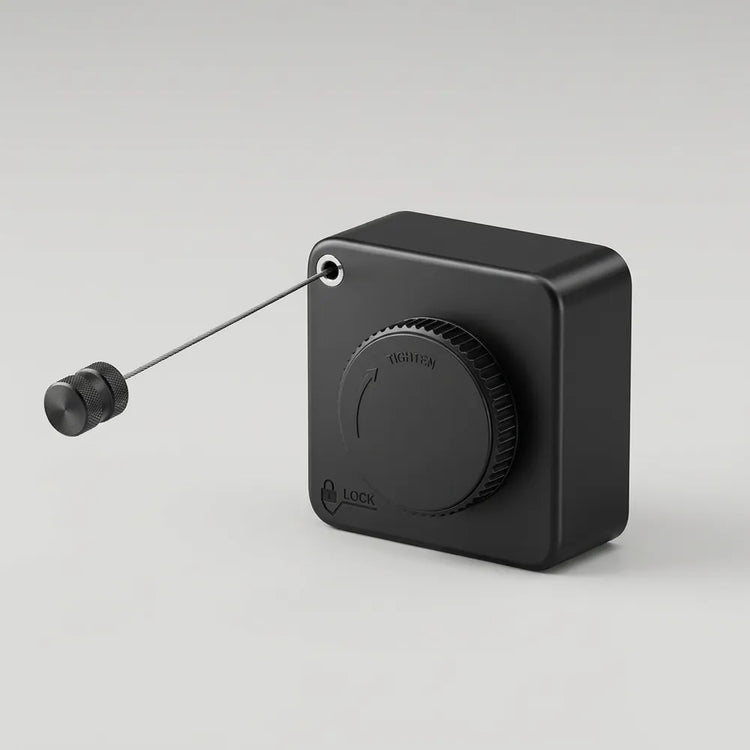 A black electronic lockout relay with a rotary switch and a thin metal pull wire, shown on a light gray background.