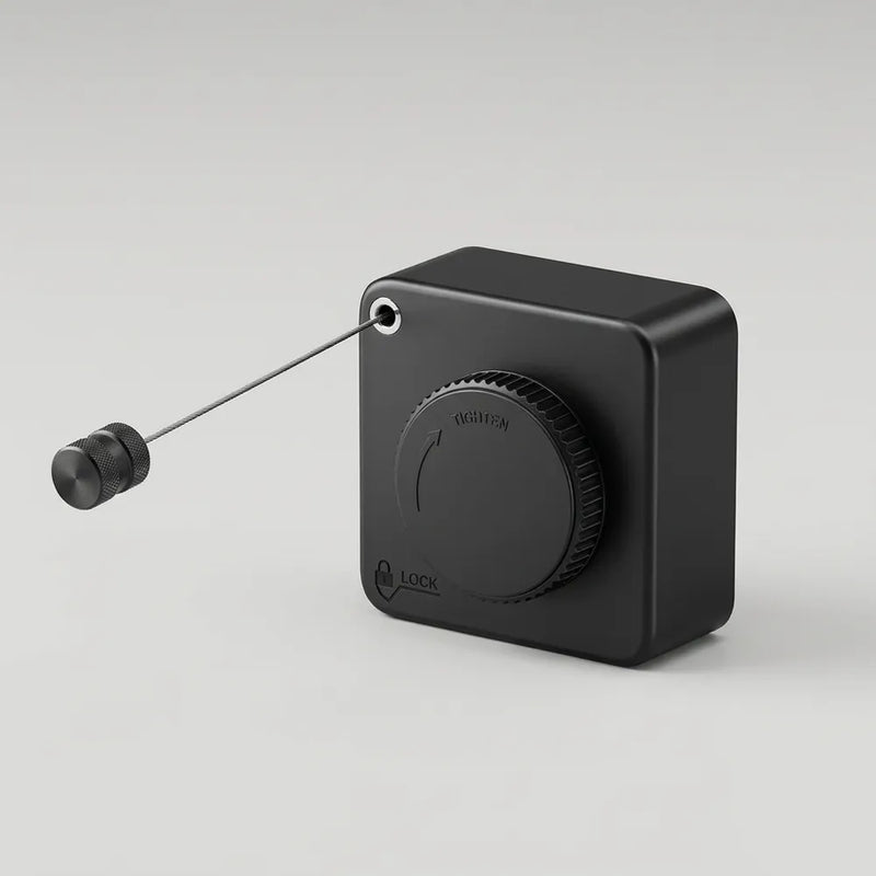 A black electronic lockout relay with a rotary switch and a thin metal pull wire, shown on a light gray background.