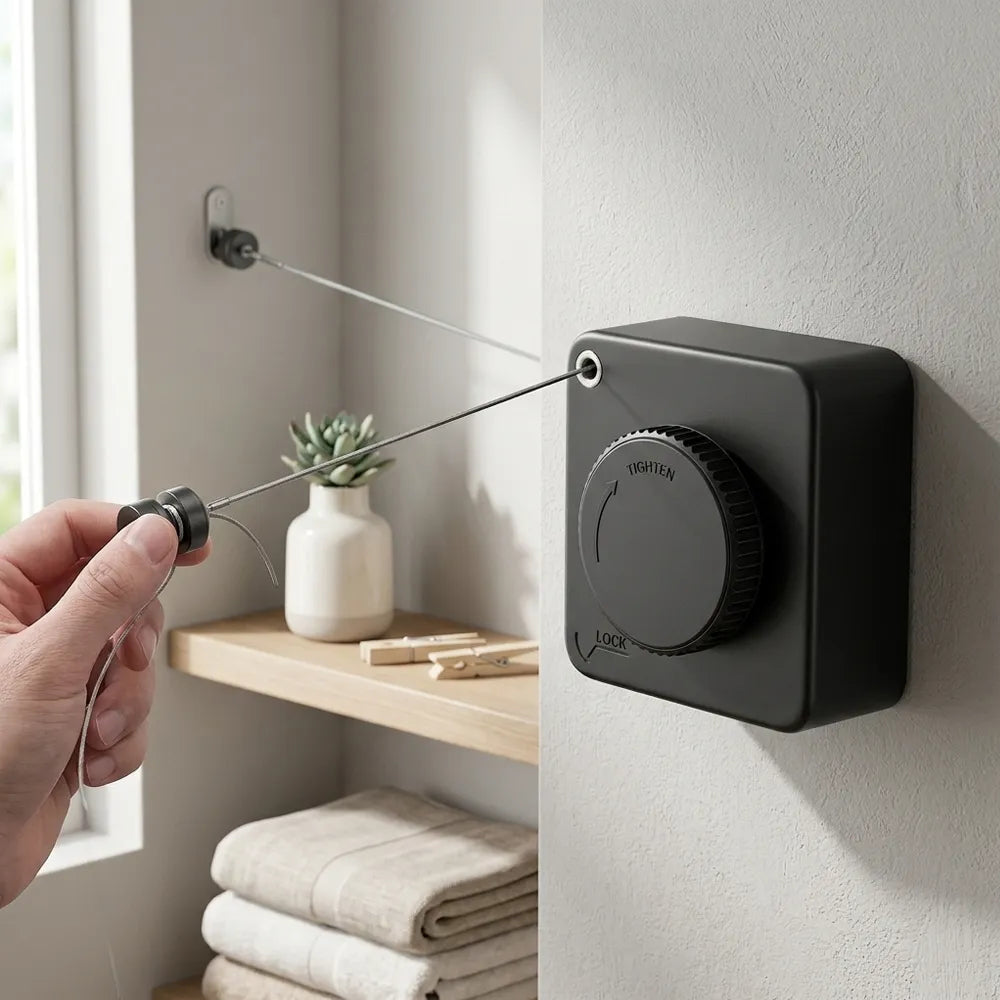 A hand holds a thin metal rod against a black wall-mounted tension dial device, with a thin cord extending toward a small hook on the wall. The setting is a clean interior with a shelf, folded towels, and a small plant.