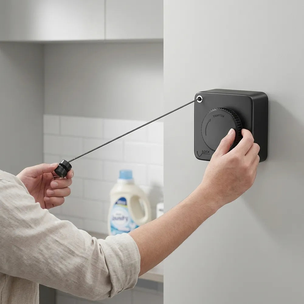 A person's hands adjust a black wall-mounted dial device with a long cord in a bright kitchen setting.