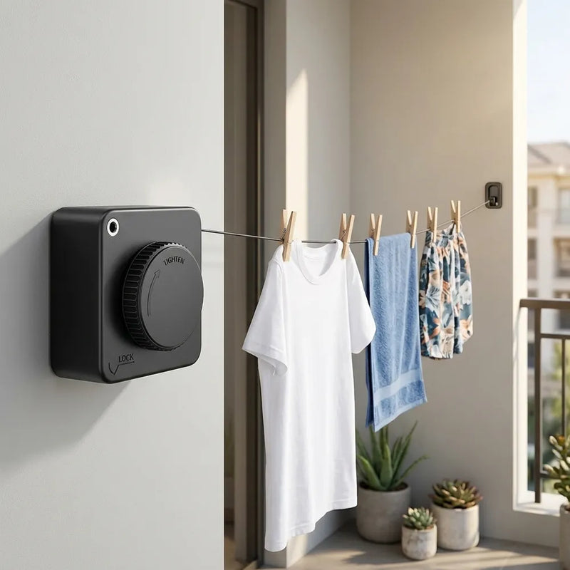 A wall-mounted automatic clothesline system in a modern home setting, shown with a white t-shirt and blue towel hanging on wooden clothespins against a beige wall.