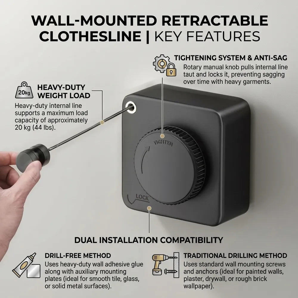 A wall-mounted retractable clothesline shown with a hand holding a drill bit, on a light gray background with feature callouts and text. The product is a square black or dark charcoal line holder with a round dial and visible tension adjustment mechanism.