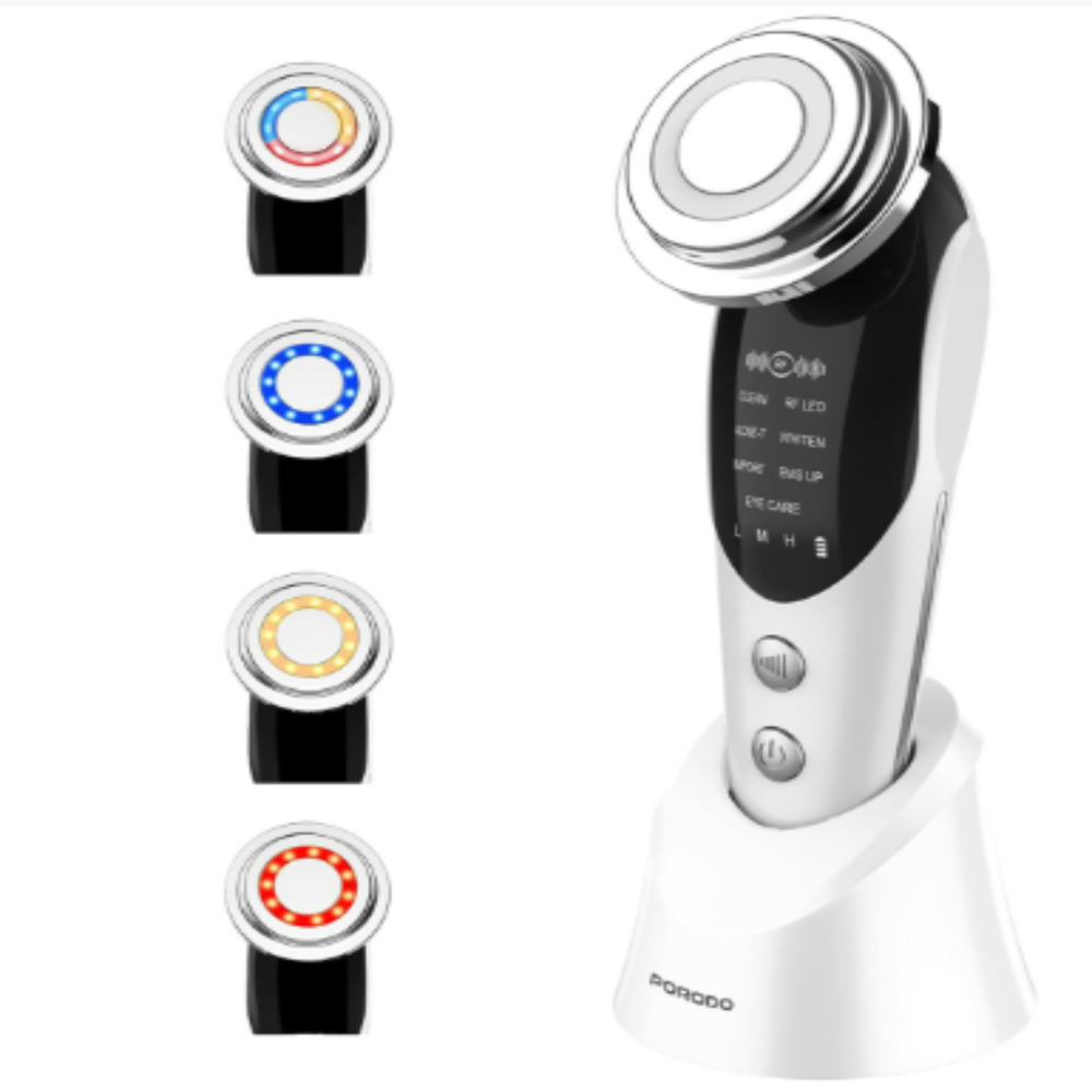 Porodo 7 in 1 Massager, includes eye care, LED light therapy, support collagen, reduce acne, and improve absorption,650mAh battery