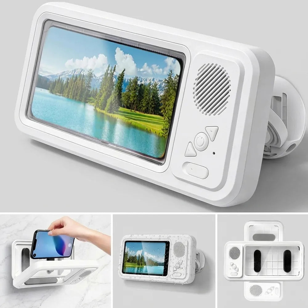 A white wall-mounted speaker phone holder with a built-in display screen and control buttons, shown in a main product view and three smaller inset views demonstrating use, including a hand holding a phone in the holder and a back view showing mounting holes.